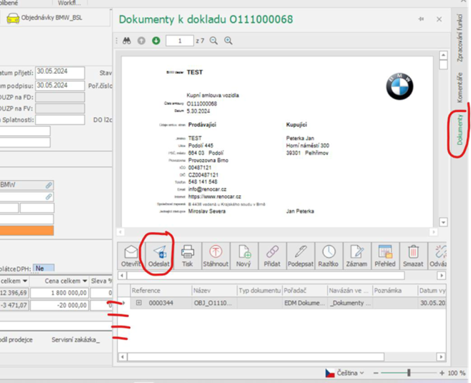 Dodatek - odeslání dokumentů
