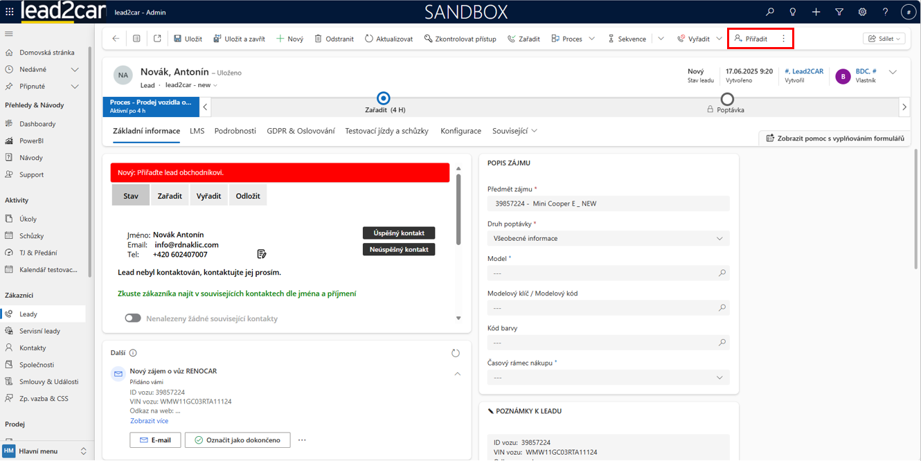 Vytvoření leadu - krok 2